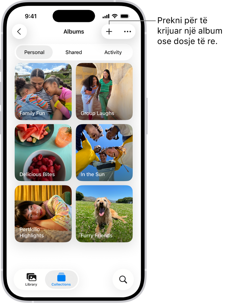 Koleksioni Albums në aplikacionin Photos. Një rrjetë albumesh është në ekran. Në krye të ekranit, nga e majta në të djathtë, janë butonat Back, New Album dhe More. Poshtë kësaj janë butonat për të parë albumet sipas Personal, Shared ose Activity. Në fund të ekranit, nga e majta në të djathtë, janë butonat Library, Collections dhe Search