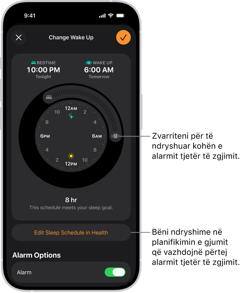 Një ekran për të ndryshuar alarmin e ardhshëm të zgjimit: Pozicioni i butonit të ziles së alarmit cakton orën e alarmit.