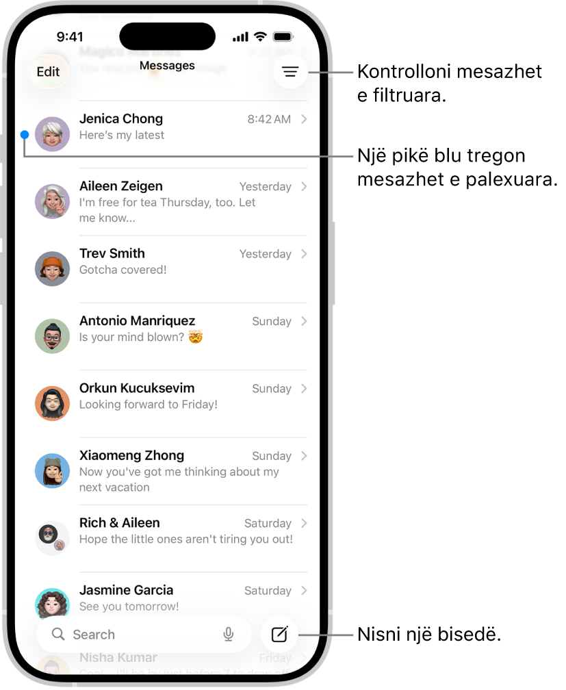 Lista e bisedave të Messages, me butonin Compose në fund. Një pikë blu në të majtë të mesazhit tregon që është i palexuar.
