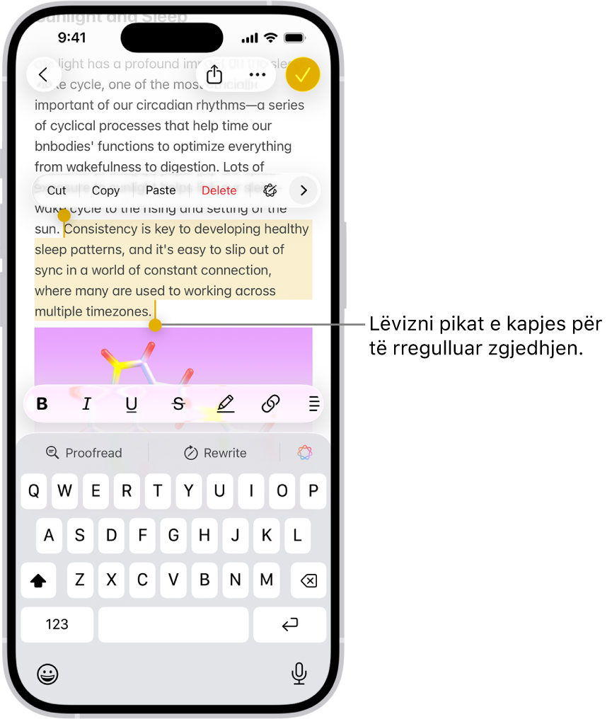 Teksti zgjidhet në një shënim në aplikacionin Notes. Mbi tekstin e zgjedhur janë butonat Cut, Copy, Paste dhe AutoFill. Teksti i zgjedhur theksohet, me pikat e kapjes për të rregulluar zgjedhjen në të dyja skajet.