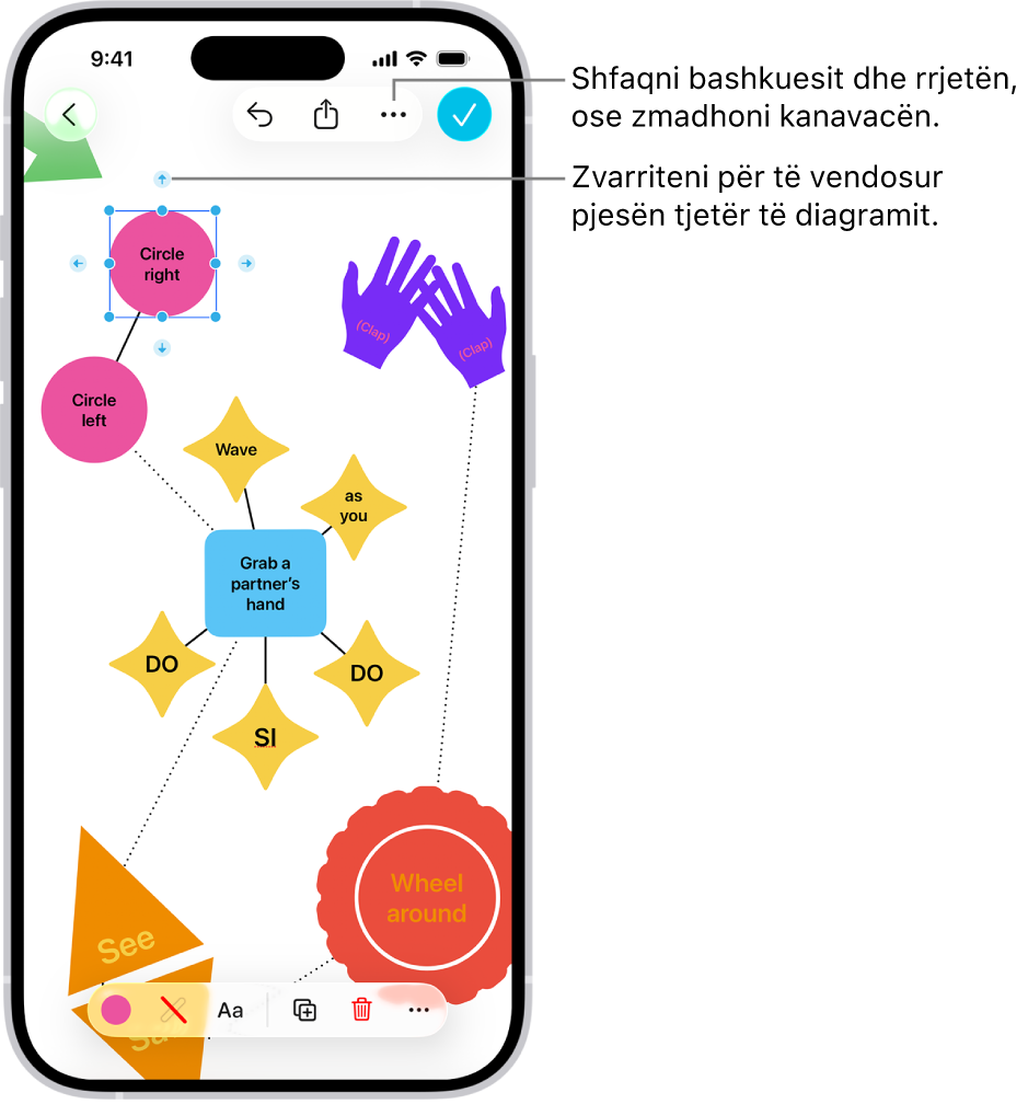 Një skemë në një panel të Freeform, me konektorë që shfaqen në një formë të zgjedhur dhe funksionet e formatimit të formës të dukshme në fund të ekranit.