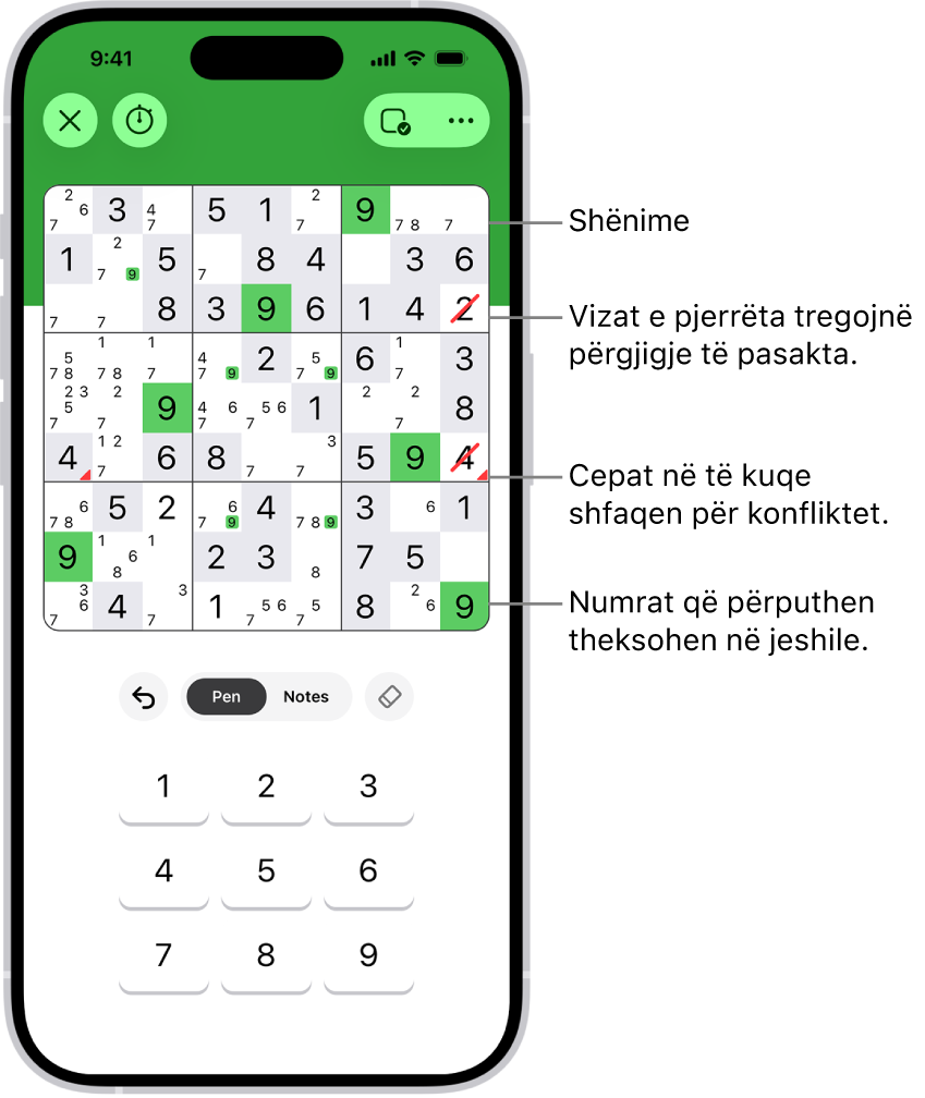 Një enigmë sudoku me disa veçori të aktivizuara: Notes, Highlight Matching Numbers, Show Conflicts dhe Autocheck.
