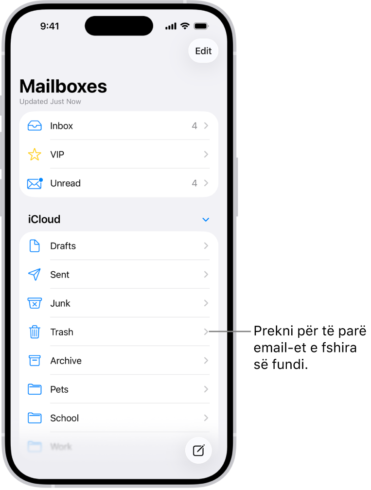 Ekrani Mailboxes. Nën iCloud, kutitë postare janë renditur nga lart poshtë, duke përfshirë kutinë postare Trash. Prekeni atë për të parë emailet e fshira së fundi.