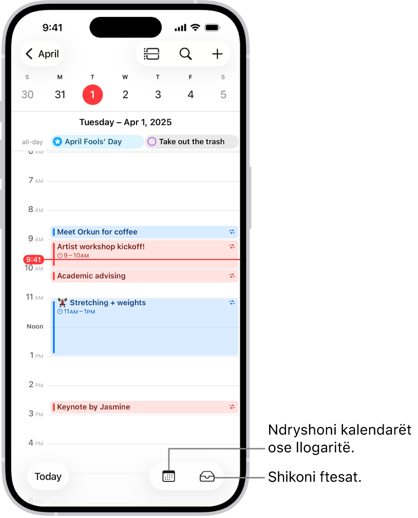 Një kalendar në pamjen e ditës që tregon ngjarjet e ditës. Butoni Calendars është në qendër poshtë në ekran dhe butoni Inbox është në fund djathtas.