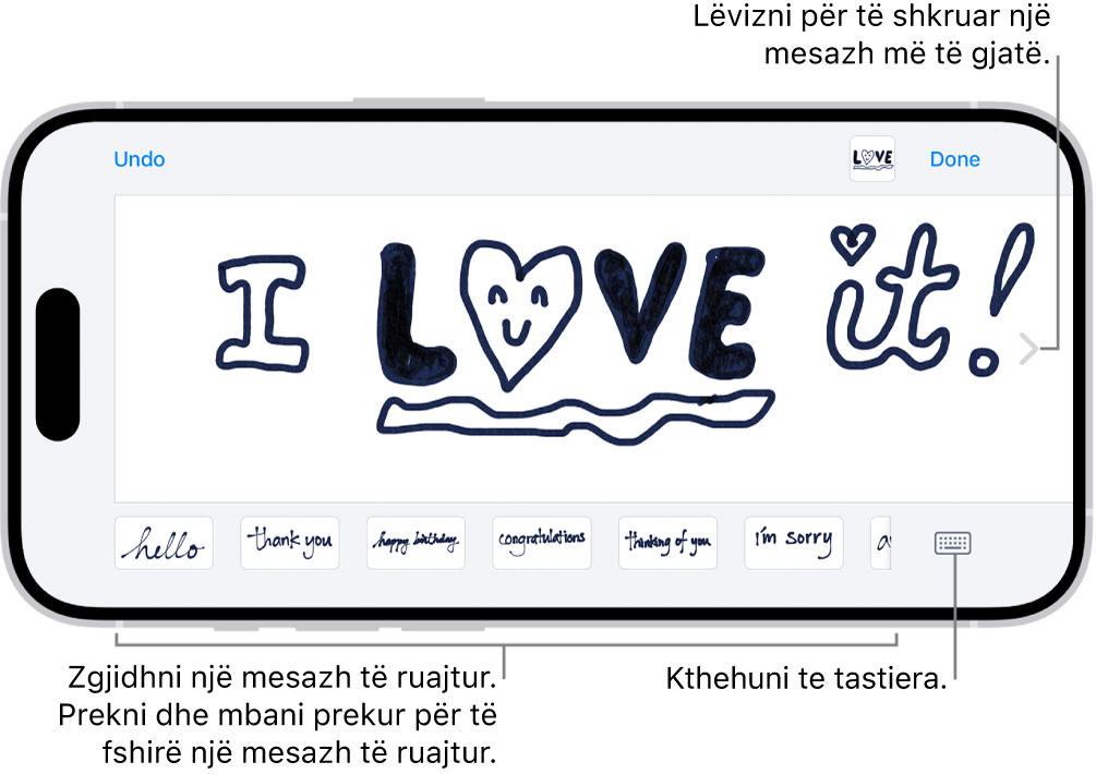 Kanavaca për kompozimin e një mesazhi të shkruar me dorë. Në fund, nga e majta në të djathtë, ruhen artikujt e shkruar me dorë dhe butoni Keyboard.