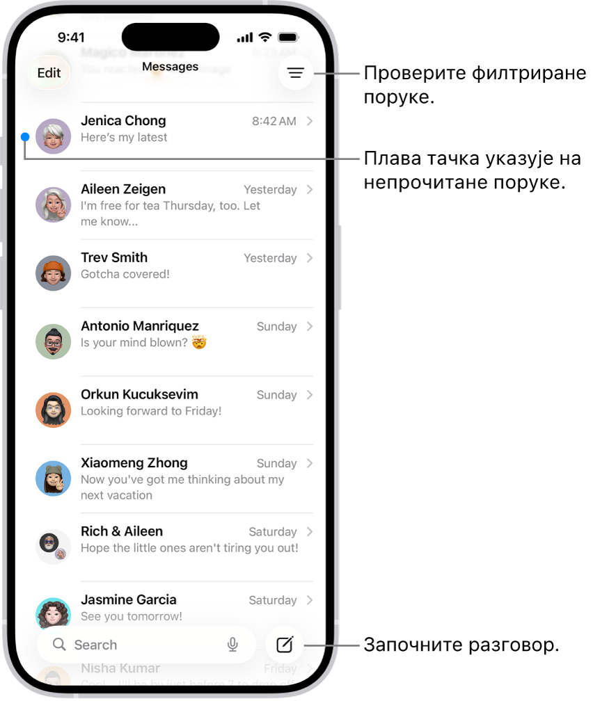 Листа преписки у апликацији Messages са дугметом Compose у доњем десном углу. Плава тачка са леве стране поруке указује на непрочитану поруку.