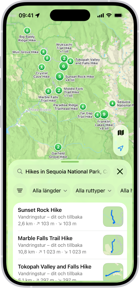 Appen Kartor visar träffar för en sökning efter vandringar i en nationalpark.