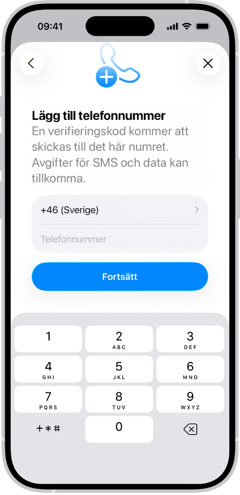 Skärmen Lägg till telefonnummer i Inställningar.