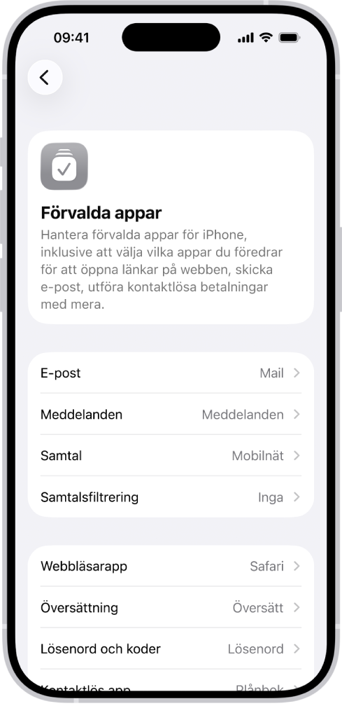 Skärmen för att ändra förvalda appar för att skicka e-post, surfa på webben med mera.