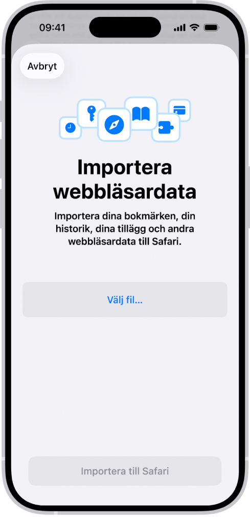 Skärmen Importera webbläsardata uppmanar dig att välja en fil att importera.