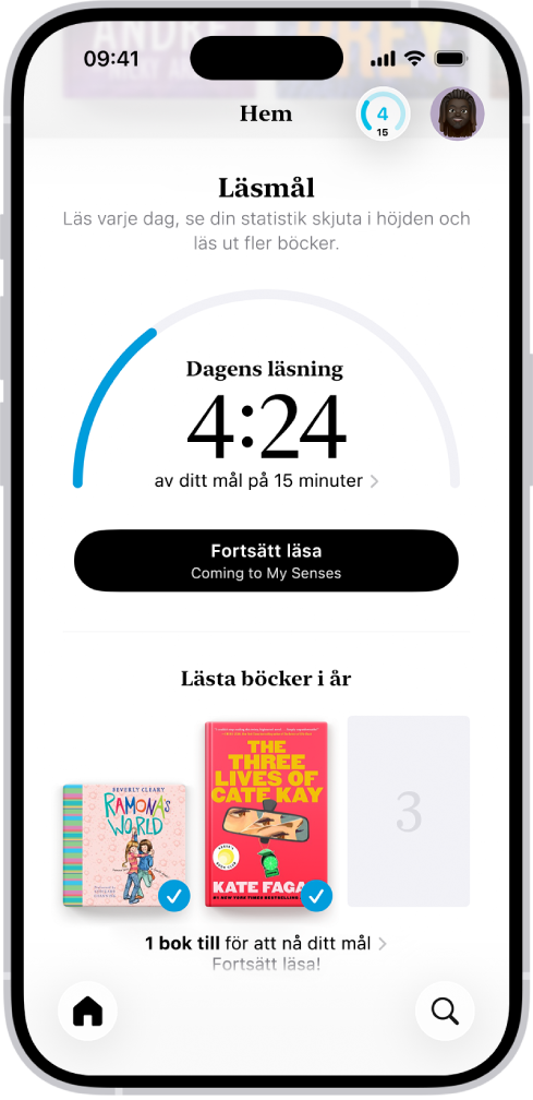 Skärmen Läsmål med statistik för användaren, bland annat dagens läsning, veckans läsrekord och de böcker användaren har läst i år. Nederst finns flikarna Hem (som är markerad), Bibliotek, Bokhandel, Ljudböcker och Sök.