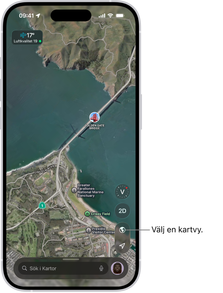 En gatu- och parkkarta i 3D visar träd, landmärken och platser som offentliga toaletter.
