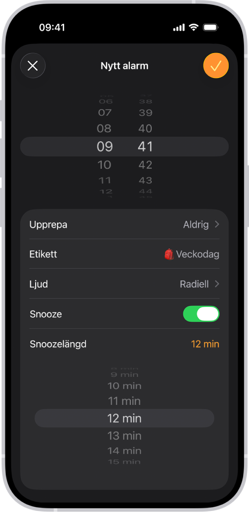 Skärmen Lägg till alarm i appen Klocka. Snooze är påslagen och Snoozelängd är inställd med en anpassad längd på 12 minuter.