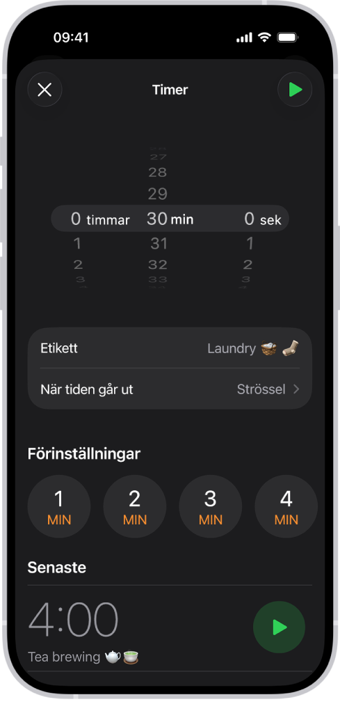 En skärm till att lägga till en timer med inställningar för att ställa in en timer och en knapp till att starta en nyligen skapad timer.