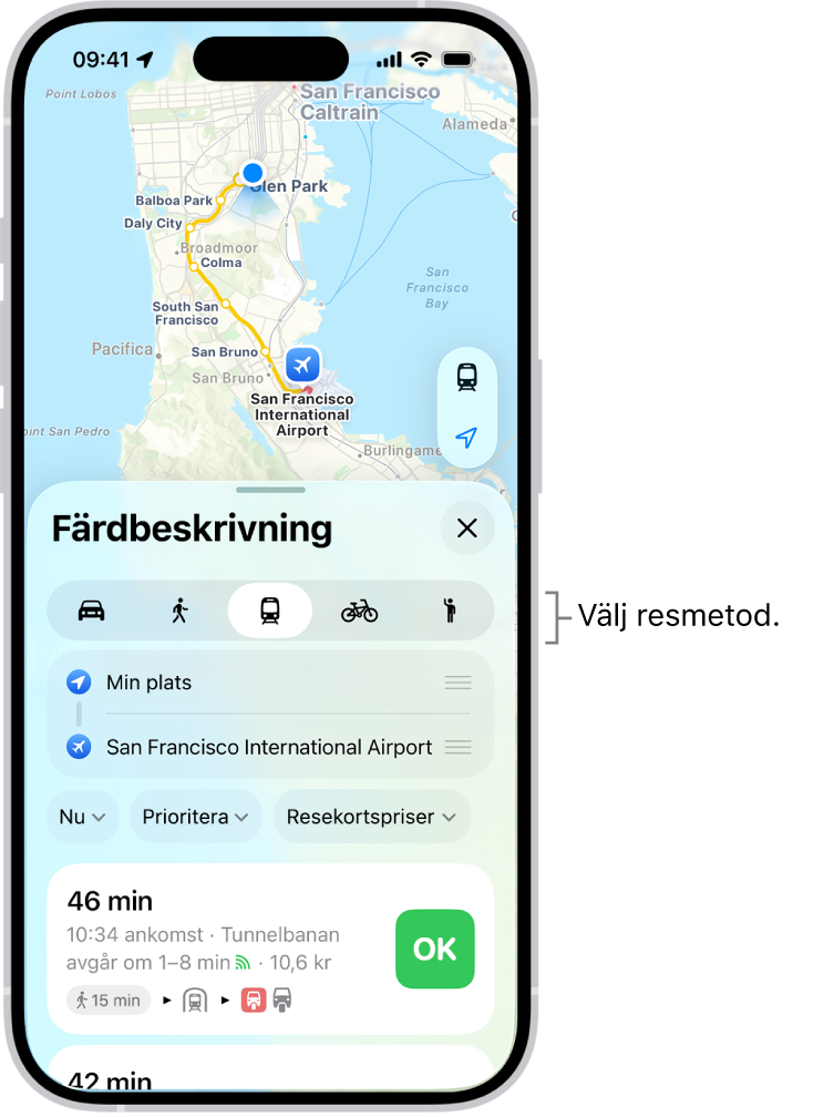 En karta som visar flera ruttalternativ mellan två platser med knappar för att välja andra transportsätt, växla startpunkt och mål och visa färdbeskrivningar som steg.