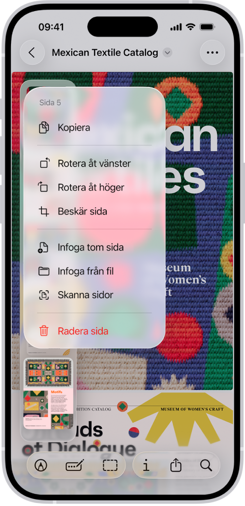 En PDF-katalog med miniatyrer till vänster. Den sista miniatyren är markerad och ovanför den finns en meny med alternativen Kopiera, Vrid åt vänster, Vrid åt höger, Beskär sida, Infoga tom sida, Infoga från fil, Skanna sidor och Radera sida