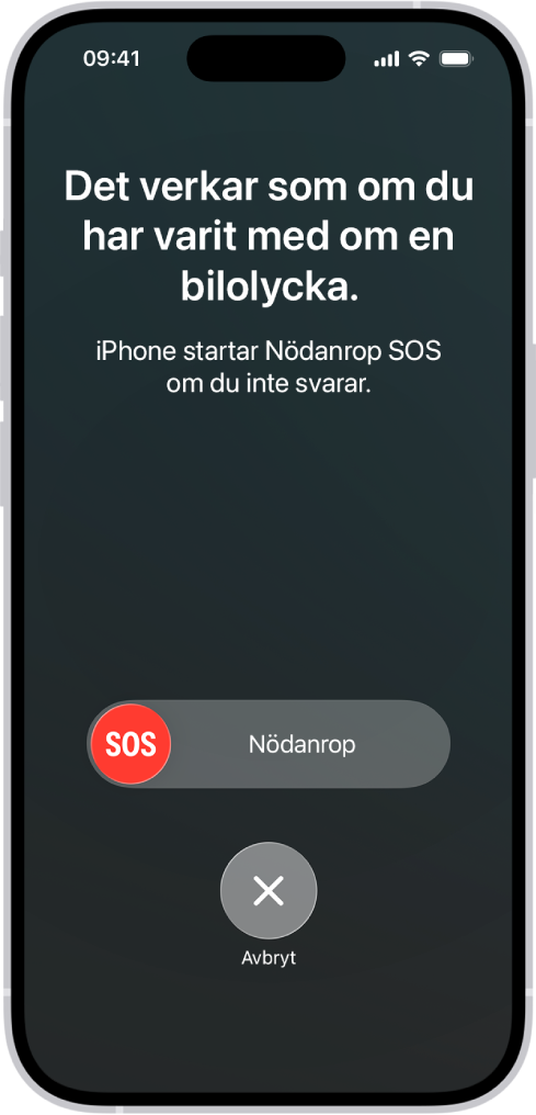 Skärmen Detektering av olycka visar en notis om att du har varit med om en olycka och nedanför den finns reglaget Nödsamtal SOS med knappen Avbryt.