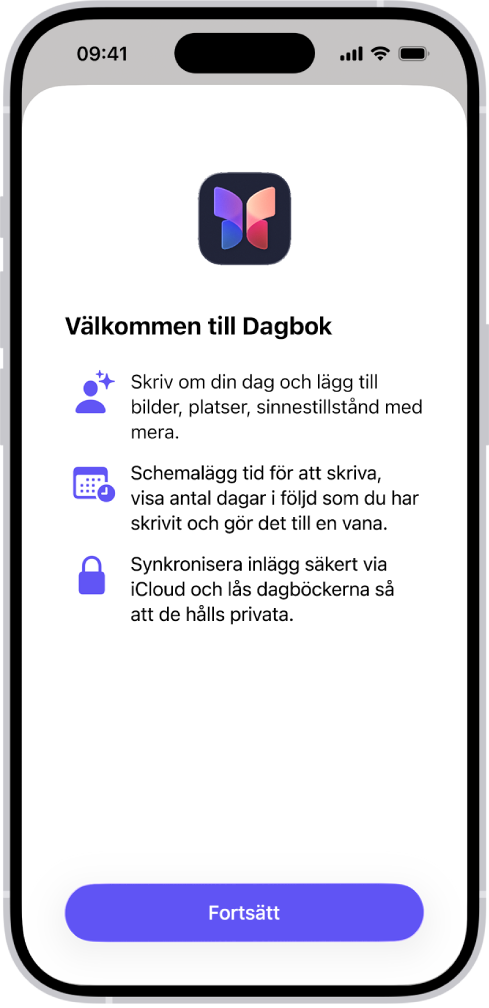 Välkomstskärmen i appen Dagbok.