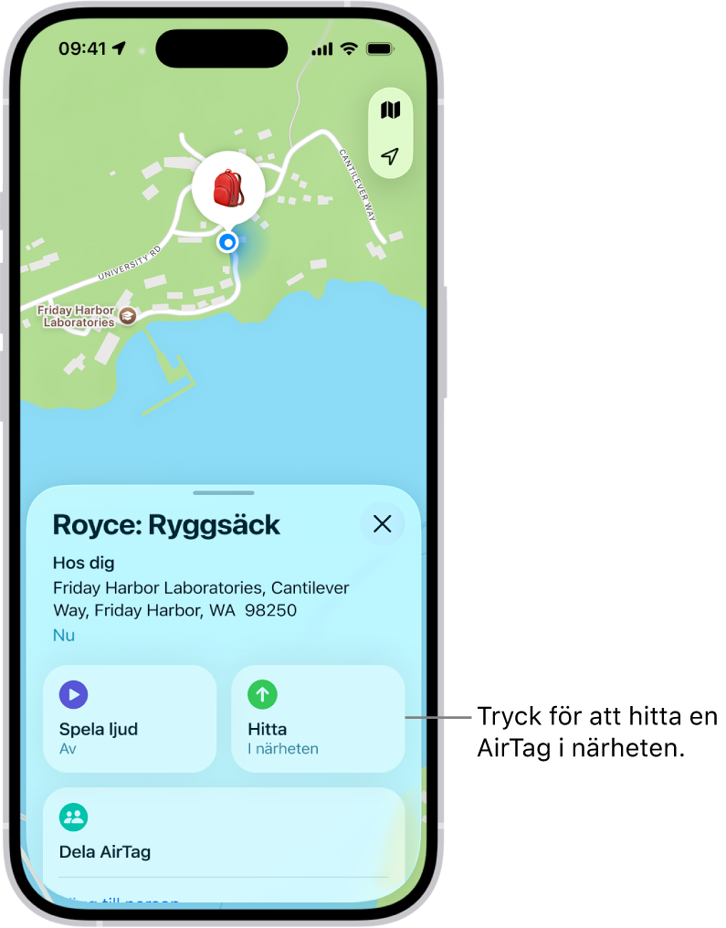 Appen Hitta öppnas och visar Dannys nycklar i Golden Gate Park. Hitta en AirTag i närheten genom att trycka på Hitta-knappen.