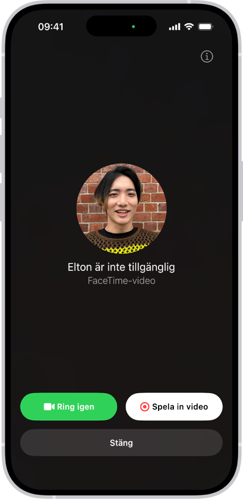 Skärmen för att spela in ett videomeddelande när personen som du ringer till inte kan svara. Det finns en knapp för att ringa upp igen och en för att spela in video som du kan trycka på för att spela in ett videomeddelande.