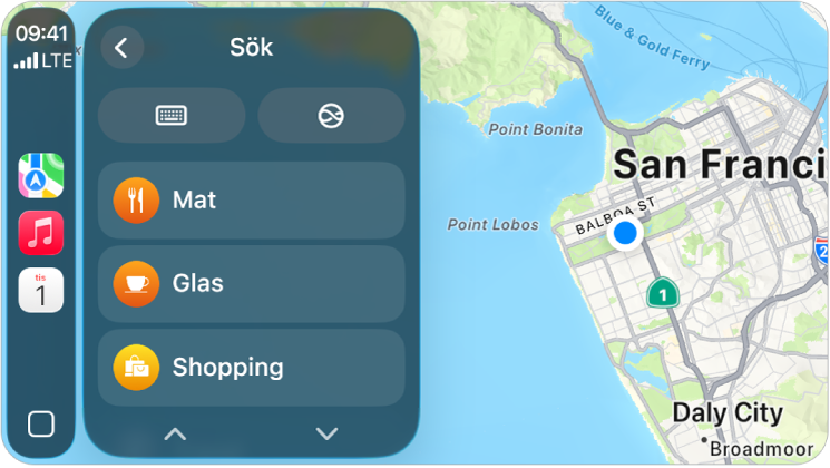 En CarPlay-skärm visar en karta över San Francisco. Till höger finns plats-, 3D- och zoomknapparna och knappen för att rapportera faror. Längst ned finns knapparna Sök och Mål.