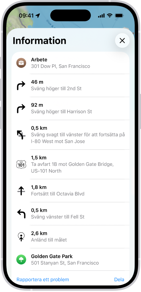 En rutts stegvisa färdbeskrivning visas i en lista.