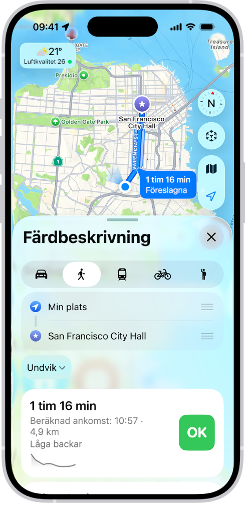 En karta med en promenadrutt. Ruttkortet längst ned visar detaljer för rutten, inklusive beräknad restid och höjdändringar. En OK-knapp visas till höger om detaljerna.