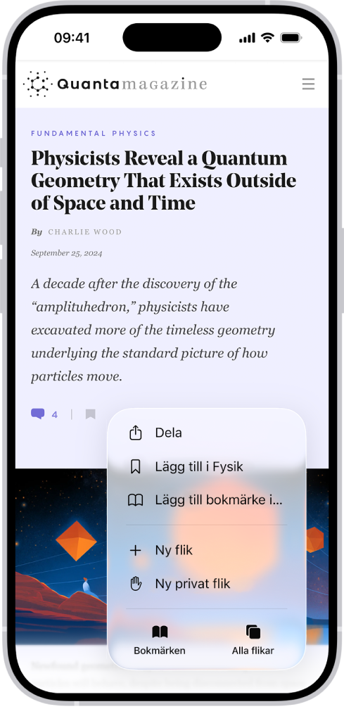 Skärmen Bokmärken med alternativ för att visa bokmärken, läslistan eller surfhistorik.