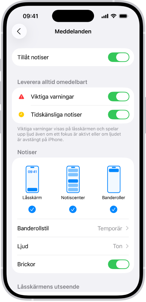 Notisinställningar för Meddelanden i Inställningar.