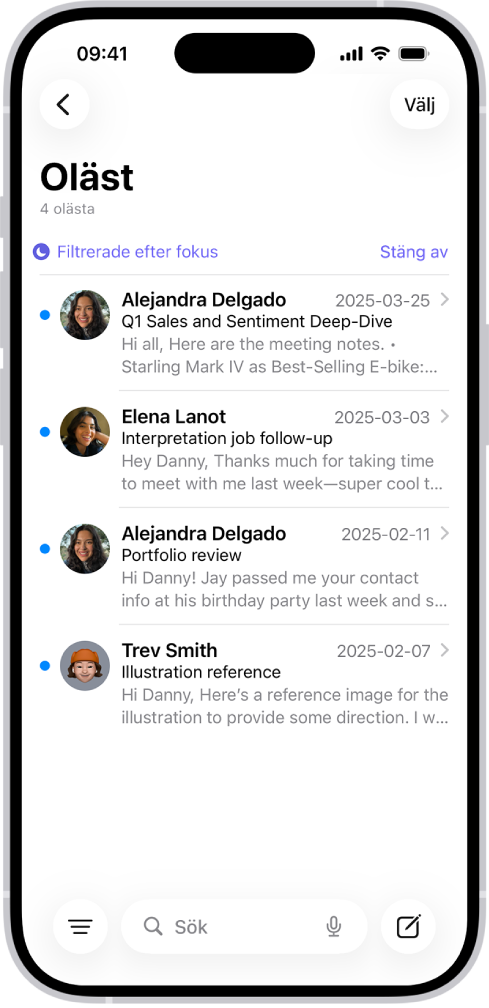 Inkorgen som visar en mejllista. Ovanför listan med mejl finns etiketten Filtrerade efter fokus och till höger står det Stäng av.