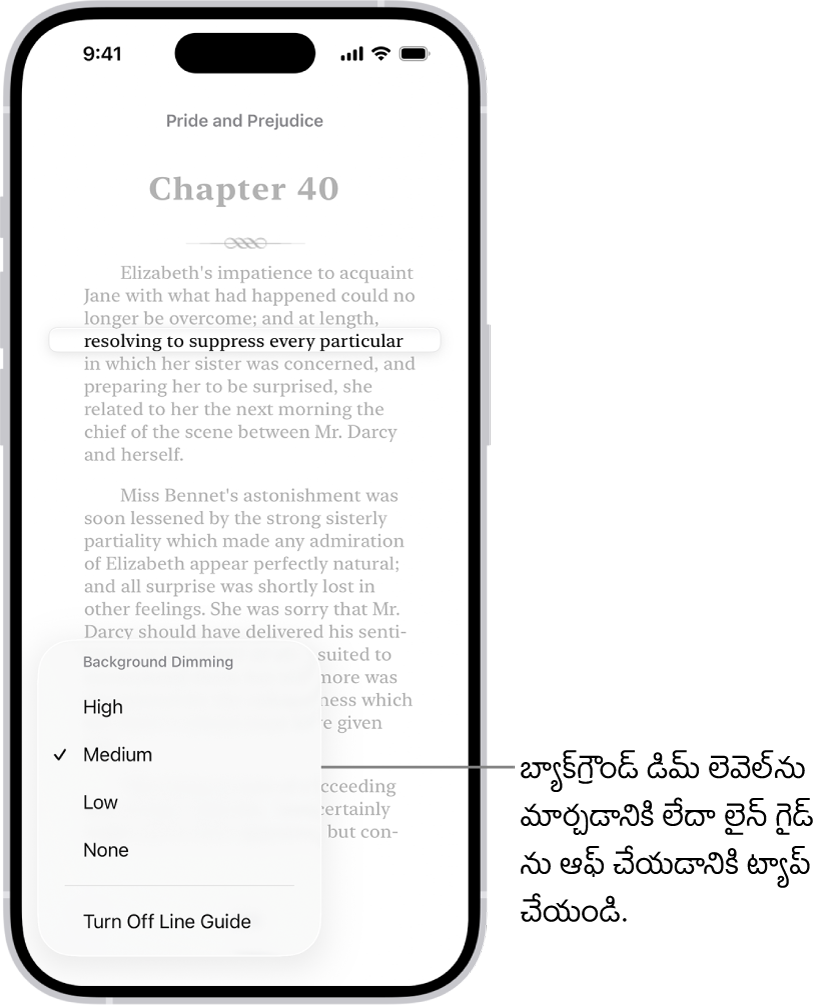 పుస్తకాలు యాప్లోని పుస్తకంలో పేజీ. ఒక వరుసలోని టెక్స్ట్ అంతా హైలైట్ చేయబడింది, మిగిలిన టెక్స్ట్ అంతా డిమ్గా మారుతుంది. స్క్రీన్ దిగువన ఎడమవైపు మూలలో లైన్ గైడ్ మెన్యూ బటన్ ఉంది.
