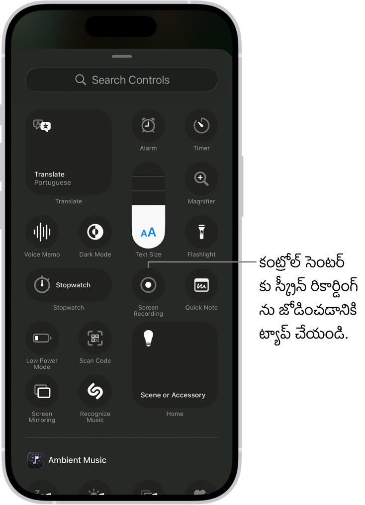 కంట్రోల్ సెంటర్‌కు మీరు జోడించగల కంట్రోల్‌లను చూపించే స్క్రీన్. స్క్రీన్ రికార్డింగ్ కంట్రోల్ సెంటర్‌కు దగ్గరగా ఉంది.