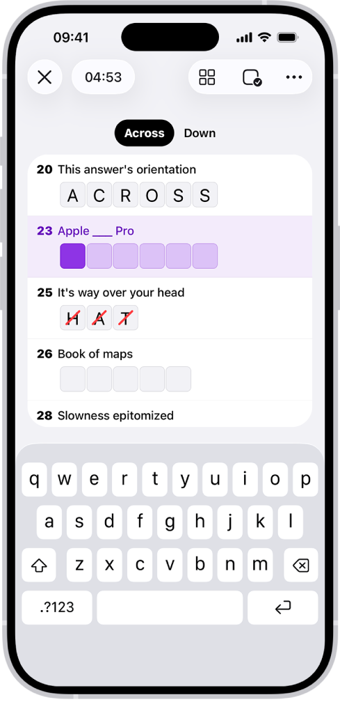 เกมปริศนา Crossword ที่ถูกเติมคำแล้วบางส่วนในมุมมองรายการ และมีแป้นพิมพ์เปิดอยู่ที่ด้านล่างสุด