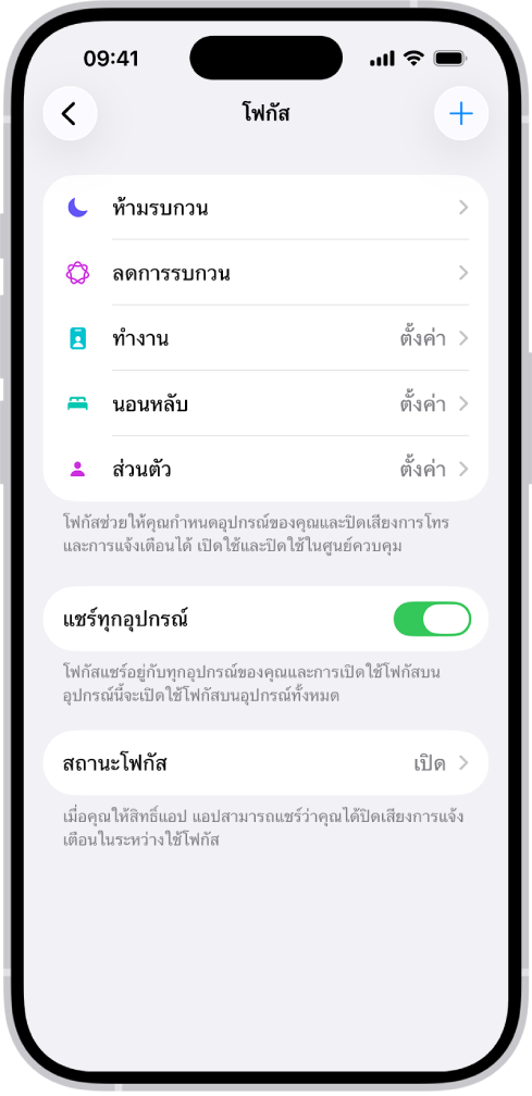 หน้าจอที่แสดงตัวเลือกโฟกัสที่มีให้ห้าตัวเลือก ซึ่งได้แก่ ห้ามรบกวน ไม่มีข้อความระหว่างการโทร นอนหลับ ส่วนบุคคล และทำงาน ตัวเลือกแชร์ทุกอุปกรณ์เปิดอยู่ ซึ่งทำให้สามารถใช้การตั้งค่าโฟกัสเดียวกันบนอุปกรณ์ Apple ทุกเครื่องของคุณได้