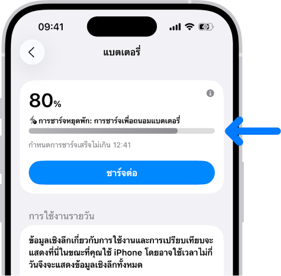 บัตรข้อมูลการชาร์จในการตั้งค่าแบตเตอรี่ iPhone บัตรที่แสดงแบตเตอรี่ที่อยู่ที่ 80% พร้อมกับข้อความ “การชาร์จหยุดพักอยู่: การชาร์จเพื่อถนอมแบตเตอรี่” มีกำหนดที่จะเสร็จตอน 12.41 น. พร้อมกับตัวเลือกในการ “ชาร์จต่อ”