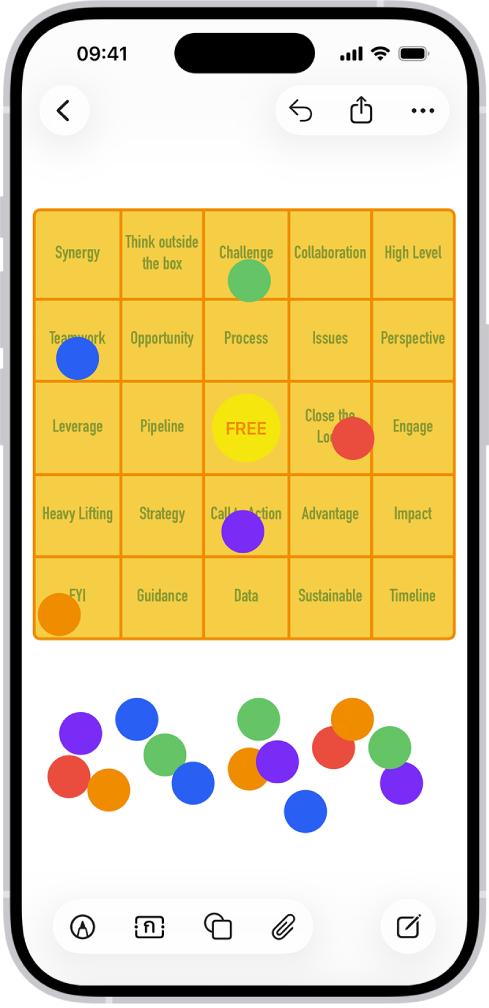 ตารางบนบอร์ด Freeform ที่มีเครื่องมือการจัดรูปแบบแสดงอยู่และจุดสีน้ำเงินขนาดเล็กอยู่บนขอบสำหรับเปลี่ยนรูปร่าง