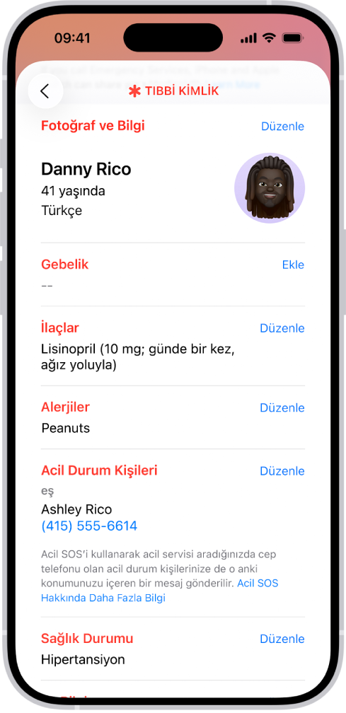 Doğum tarihi, ilaçlar, alerjiler, acil durum kişileri ve tıbbi durumlar da dahil bilgileri içeren Tıbbi Kimlik ekranı.