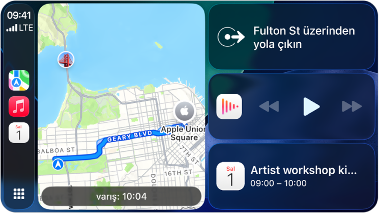 Kenar çubuğunda Harita, Müzik ve Mesajlar uygulamalarını gösteren CarPlay Kontrol Paneli. Sağ tarafta Apple Park’ın haritası, navigasyon penceresi ve şu an çalınan penceresi var.