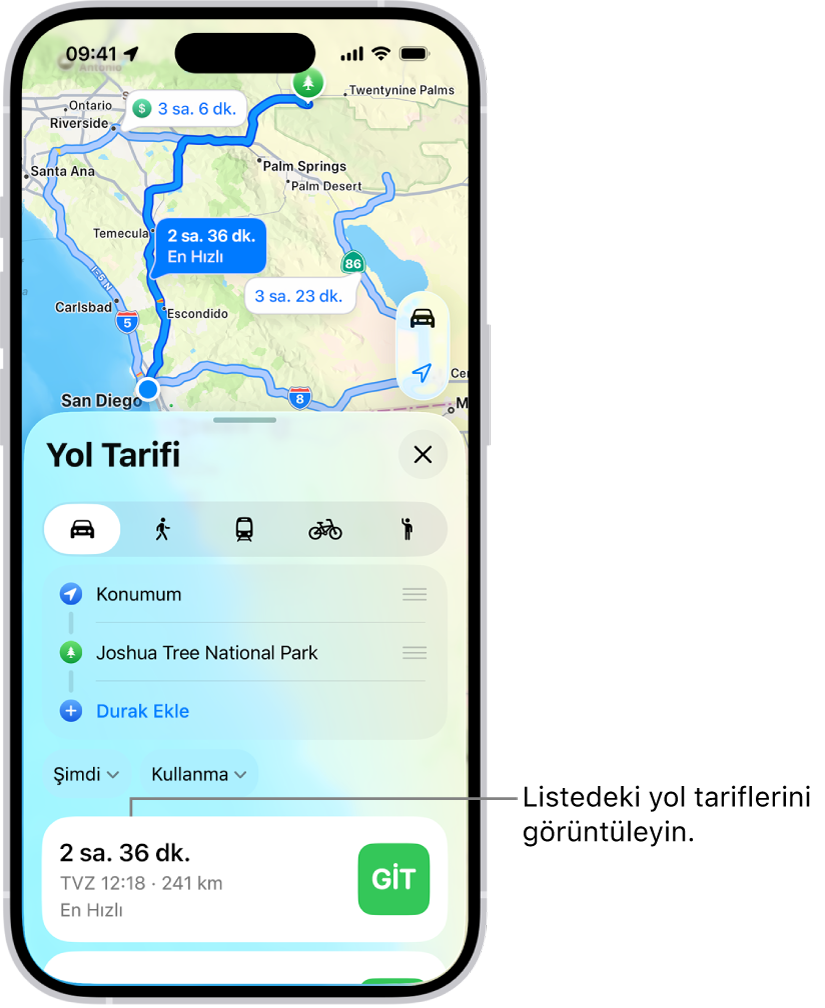 Birçok güzergâh seçeneğinin bulunduğu bir kart.