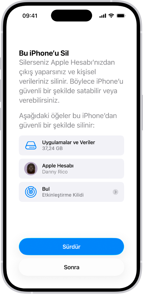Bu iPhone’u Sil ekranı.