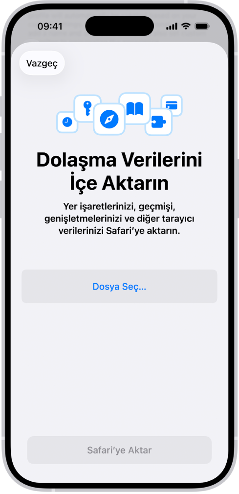 Dolaşma Verilerini İçe Aktar ekranı, içe aktarılacak bir dosya seçmenizi istiyor.