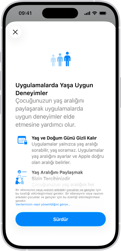 Uygulamalar özelliklerinde Yaşa Uygun Denetimler için ilk katılım ekranı.