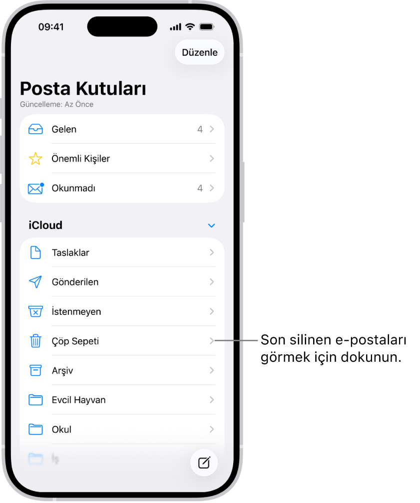 Posta Kutuları ekranı. iCloud’un altında, Çöp Sepeti posta kutusu da dahil olmak üzere posta kutuları üstten alta doğru listelenir. Son silinen iletileri görmek için dokunun.