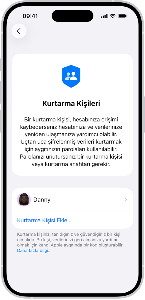 Kurtarma Kişisi Ekle ekranı.