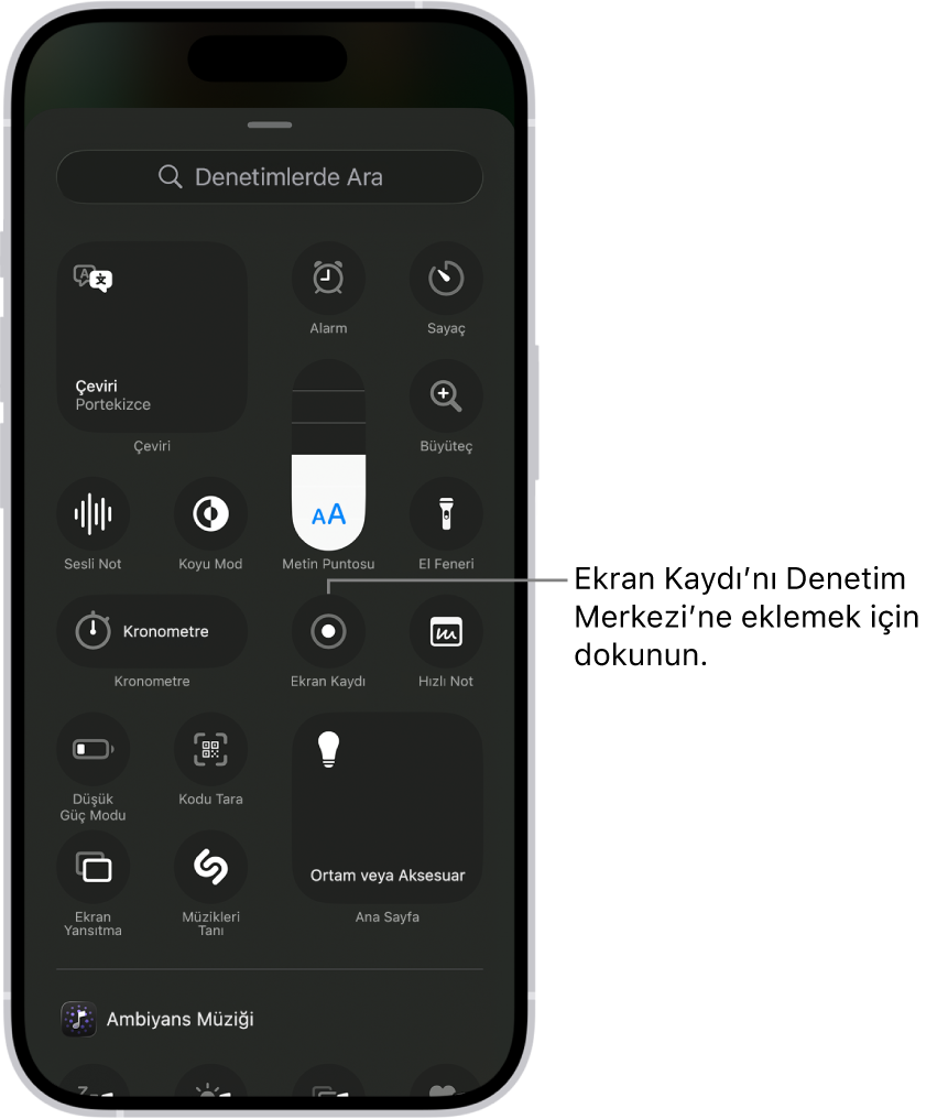 Bir ekranda, Denetim Merkezi’ne ekleyebileceğiniz denetimler gösteriliyor. Ekran Kaydı denetimi orta kısımda.