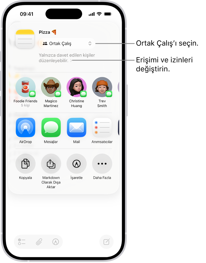 Notlar’daki bir yemek tarifine ortak çalışma daveti; paylaşma seçeneği olarak Ortak Çalış, erişim ve izin ayarı olarak “Yalnızca davet ettiğiniz kişiler düzenleyebilir” gösteriliyor. Bir grup da dahil olmak üzere dört olası alıcı, bunun altında bir satır oluşturuyor. Sırada satır, notu paylaşmanın farklı yollarını sunar: AirDrop, Mesajlar, Mail ve Reminders.