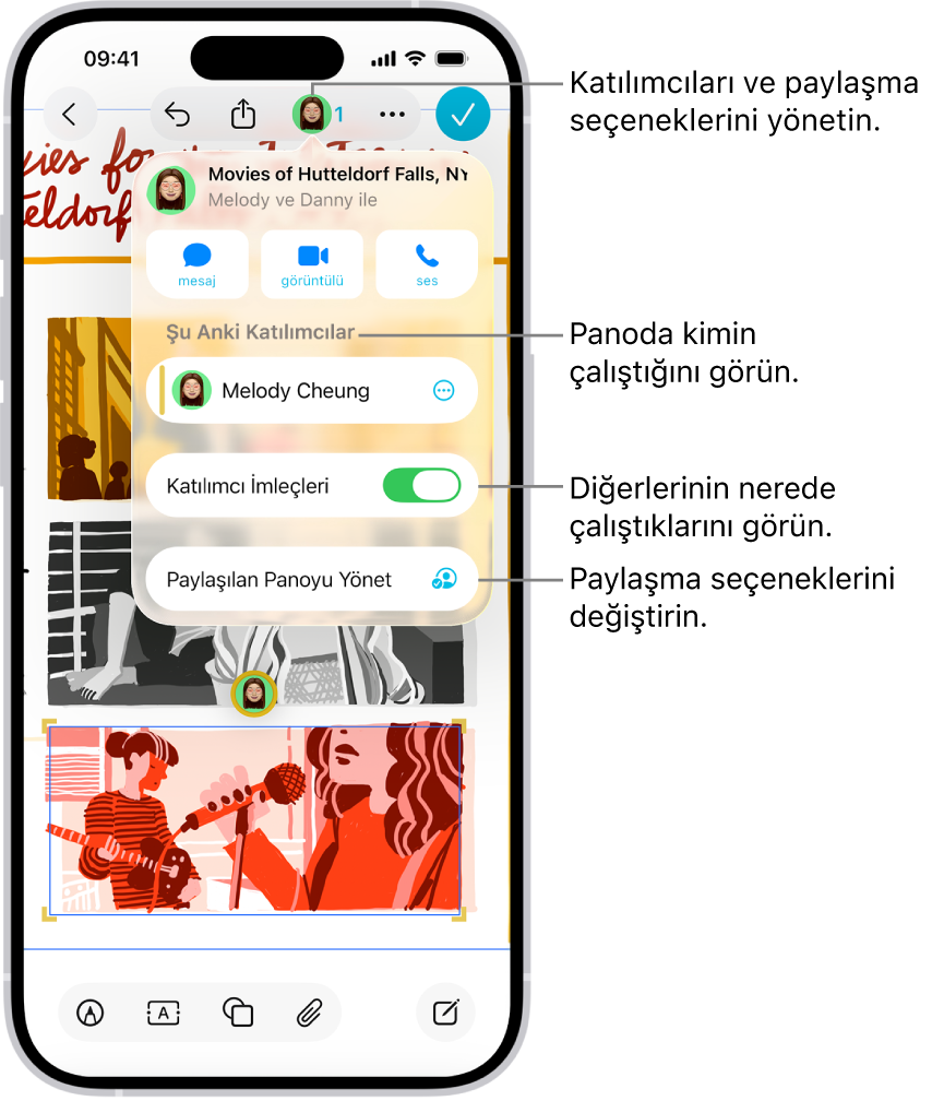 iPhone’da ortak çalışma menüsü açık durumda, paylaşılan bir Freeform panosu.