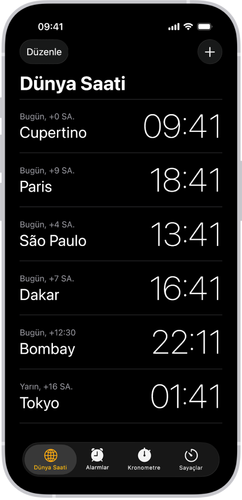 Dünya Saati sekmesi, farklı şehirlerdeki saati gösterir. Sol üst köşedeki Düzenle düğmesi saatlerin sırasını değiştirmenizi veya onları silmenizi sağlar. Sağ üst köşedeki Ekle düğmesi daha fazla saat eklemenizi sağlar. Dünya Saati, Alarm, Kronometre ve Sayaçlar alt kısımdadır.
