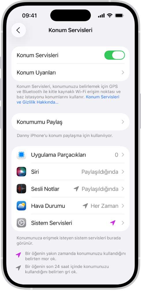 iPhone’unuzun konumunu uygulamalarla paylaşma ayarları ile Konum Servisleri ekranı.