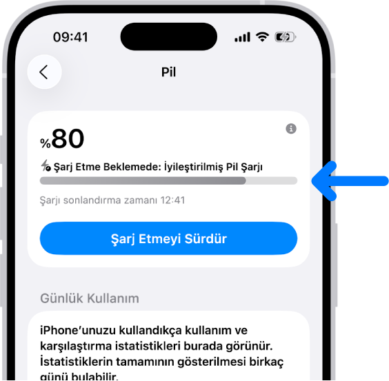 iPhone Pil ayarlarında şarj etme bilgi kartı. Kart, “Şarj Etme Beklemede: İyileştirilmiş Pil Şarjı” mesajı ile birlikte pili %80’de gösteriyor. “Şarj Etmeyi Sürdür” seçeneği ile birlikte 12:41 civarında bitmesi planlanıyor.